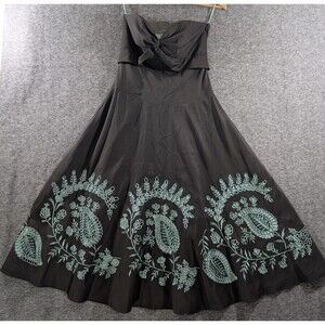 Monsoon Strapeless Dress Brown with Blue Embroided Zipper Detail Womans Size 10